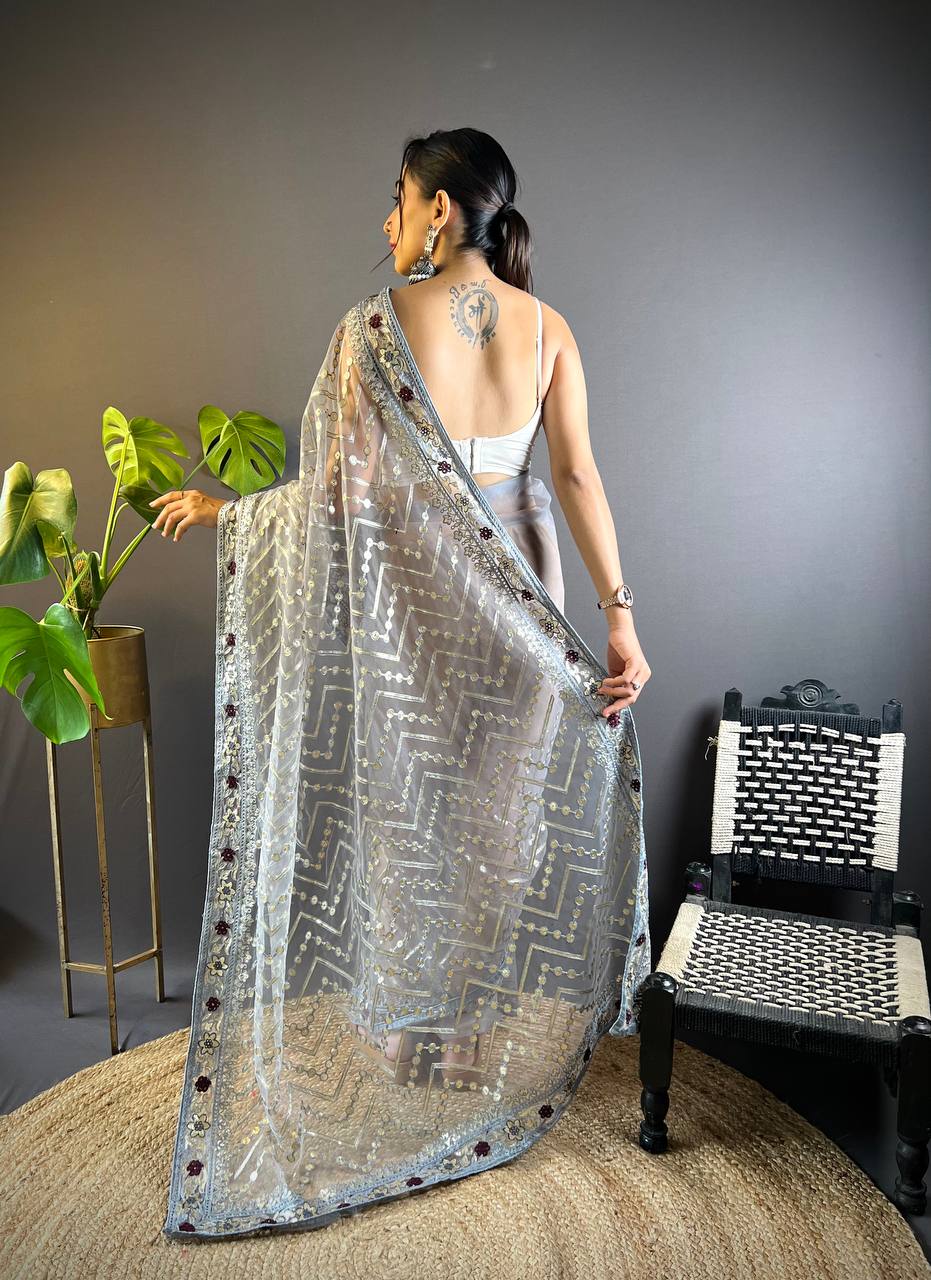 Teeya Creation Grey Color Butterfly Net Embroidery Work Saree - Distacart