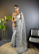 Thumbnail for Teeya Creation Grey Color Butterfly Net Embroidery Work Saree - Distacart
