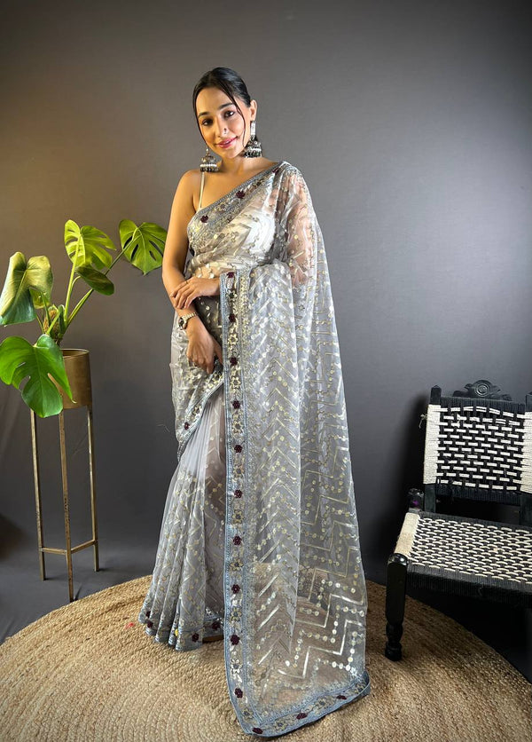 Teeya Creation Grey Color Butterfly Net Embroidery Work Saree - Distacart