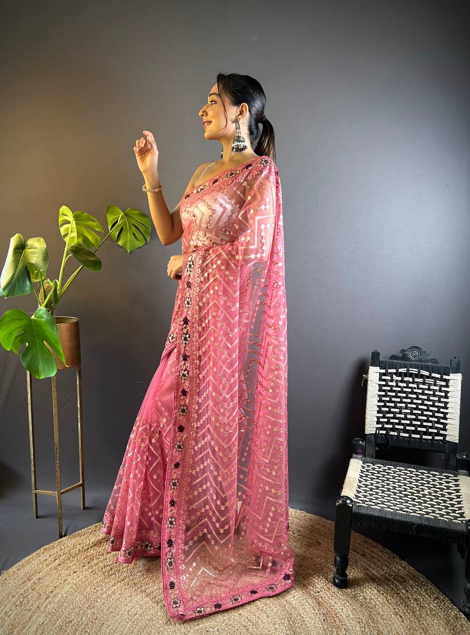 Teeya Creation Pink Color Butterfly Net Embroidery Work Saree - Distacart