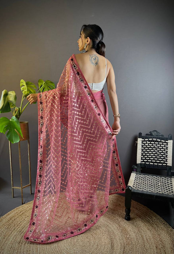 Teeya Creation Pink Color Butterfly Net Embroidery Work Saree - Distacart