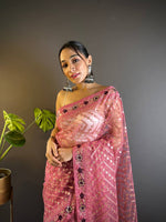 Thumbnail for Teeya Creation Pink Color Butterfly Net Embroidery Work Saree - Distacart