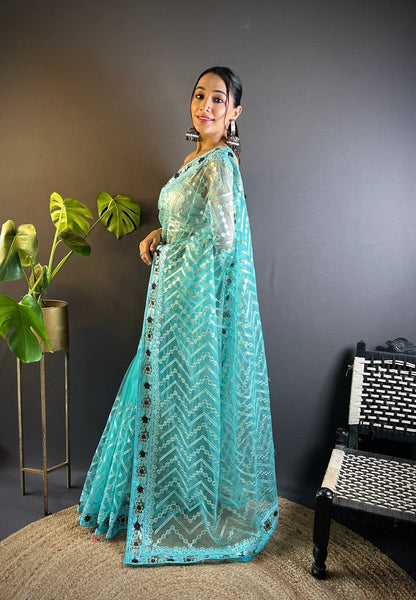 Teeya Creation Sky Color Butterfly Net Embroidery Work Saree - Distacart