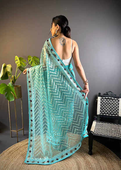 Teeya Creation Sky Color Butterfly Net Embroidery Work Saree - Distacart