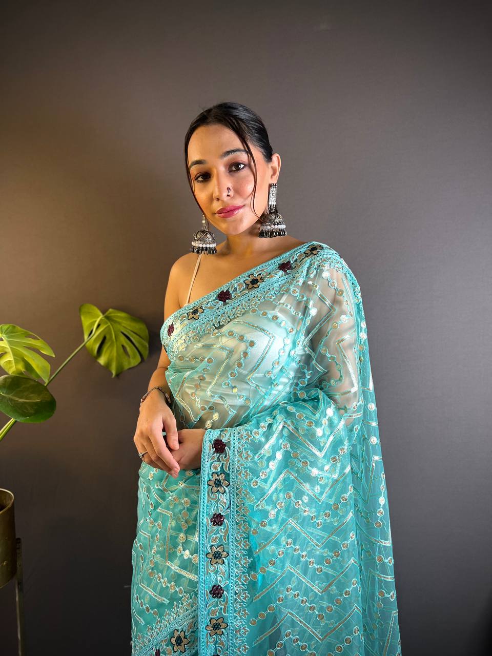 Teeya Creation Sky Color Butterfly Net Embroidery Work Saree - Distacart