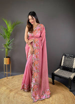 Thumbnail for Teeya Creation Gajari Color Soft Glossy Silk Heavy Embroidery Work Saree - Distacart