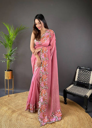 Teeya Creation Gajari Color Soft Glossy Silk Heavy Embroidery Work Saree - Distacart