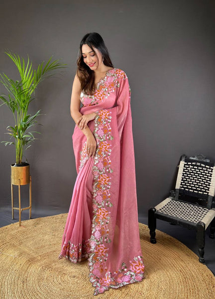 Teeya Creation Gajari Color Soft Glossy Silk Heavy Embroidery Work Saree - Distacart
