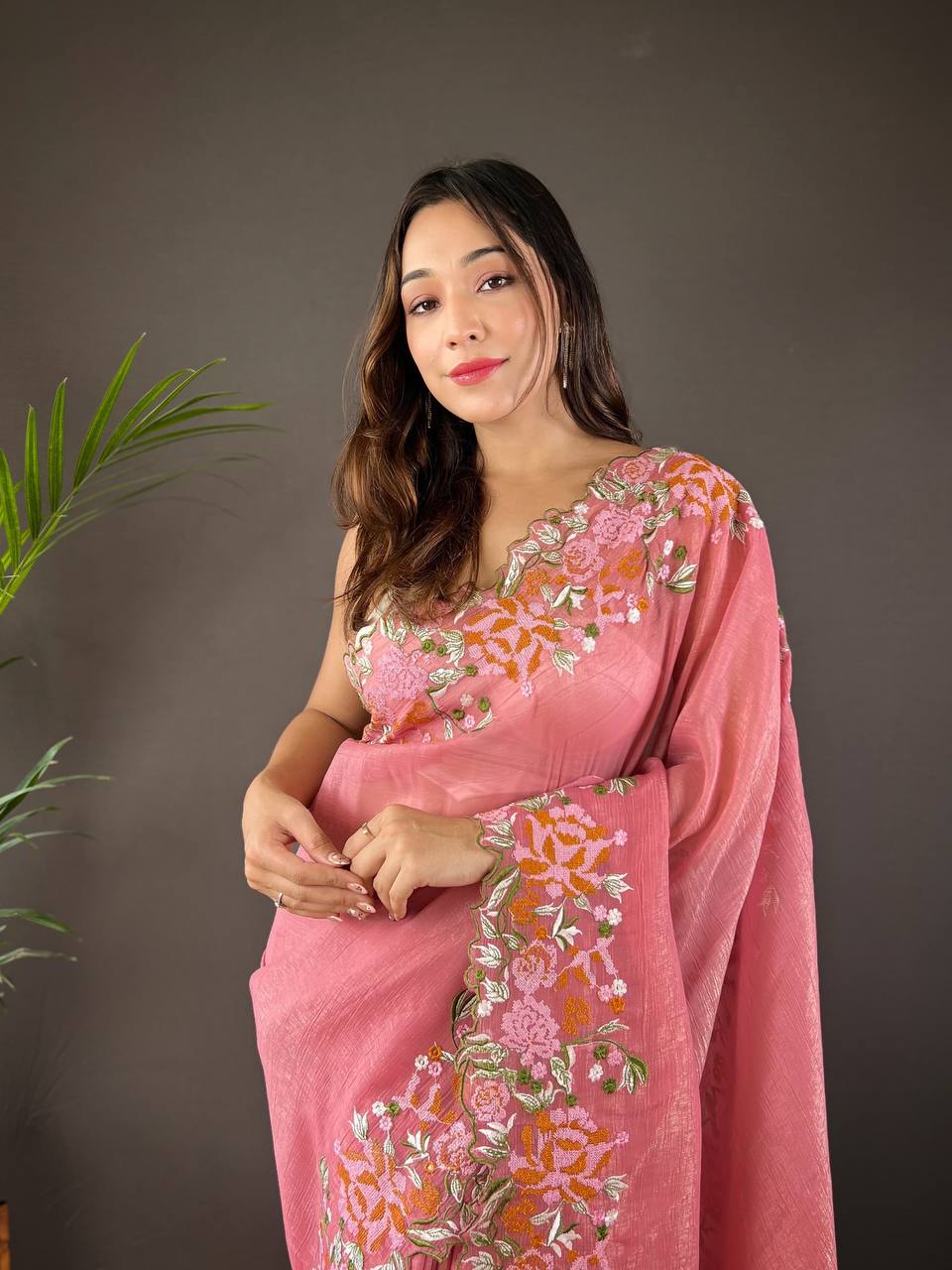 Teeya Creation Gajari Color Soft Glossy Silk Heavy Embroidery Work Saree - Distacart