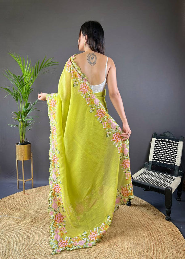 Teeya Creation Olive Color Soft Glossy Silk Heavy Embroidery Work Saree - Distacart