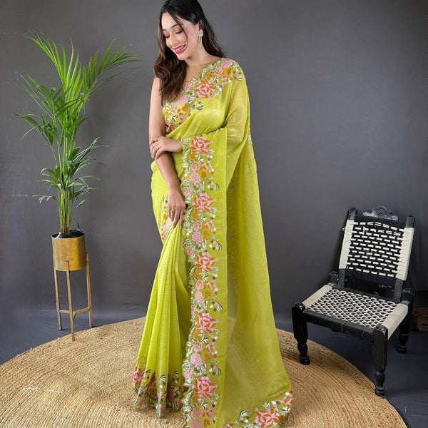Teeya Creation Olive Color Soft Glossy Silk Heavy Embroidery Work Saree - Distacart