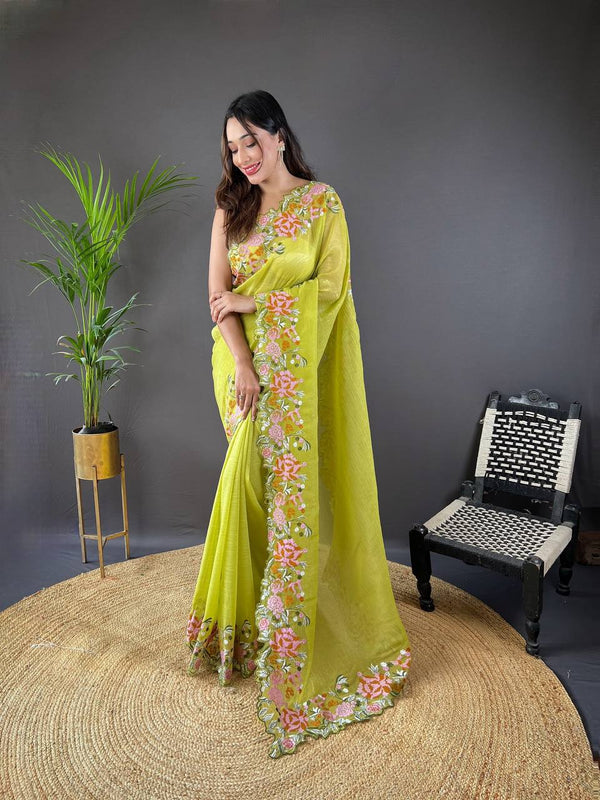 Teeya Creation Olive Color Soft Glossy Silk Heavy Embroidery Work Saree - Distacart