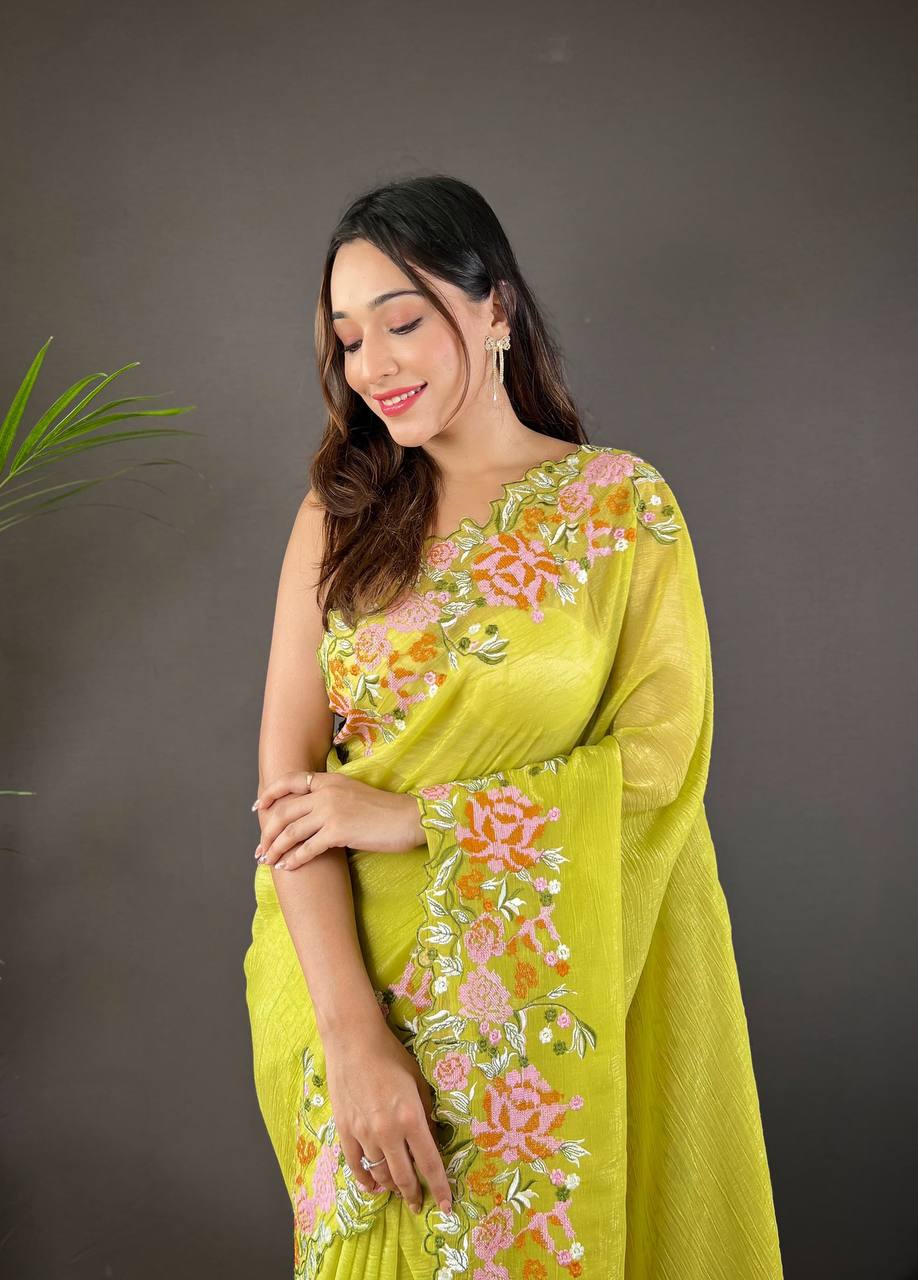 Teeya Creation Olive Color Soft Glossy Silk Heavy Embroidery Work Saree - Distacart