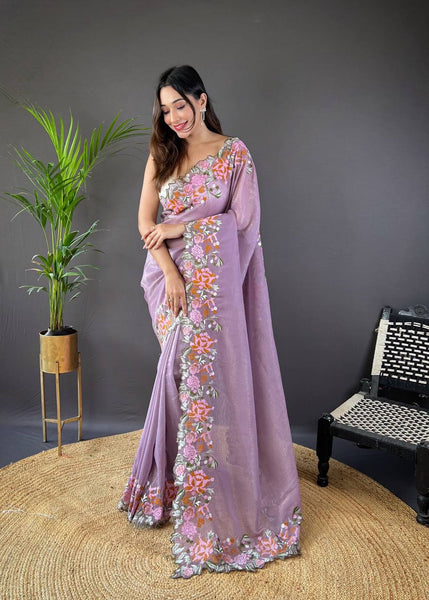 Teeya Creation Onion Color Soft Glossy Silk Heavy Embroidery Work Saree - Distacart