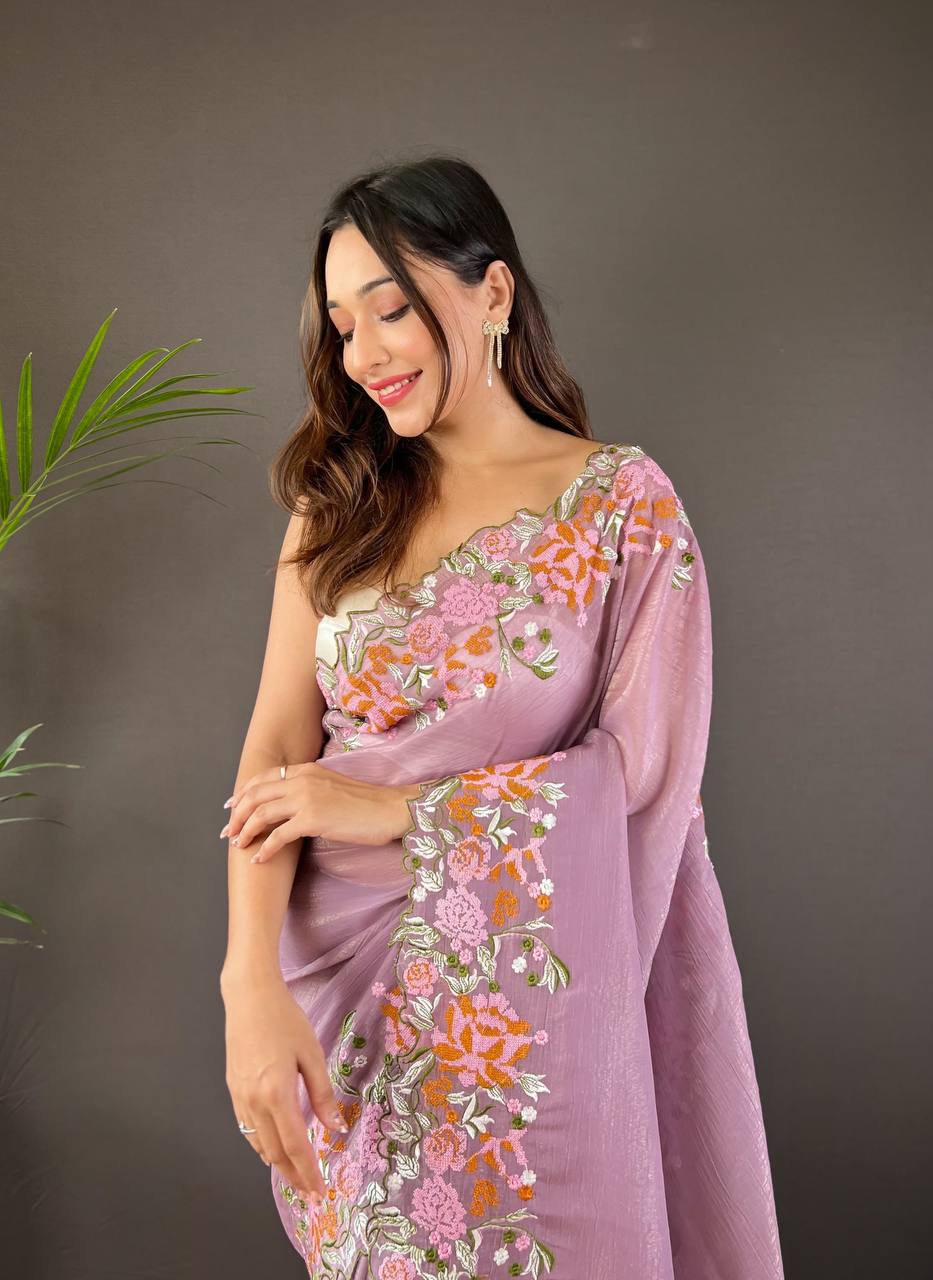 Teeya Creation Onion Color Soft Glossy Silk Heavy Embroidery Work Saree - Distacart
