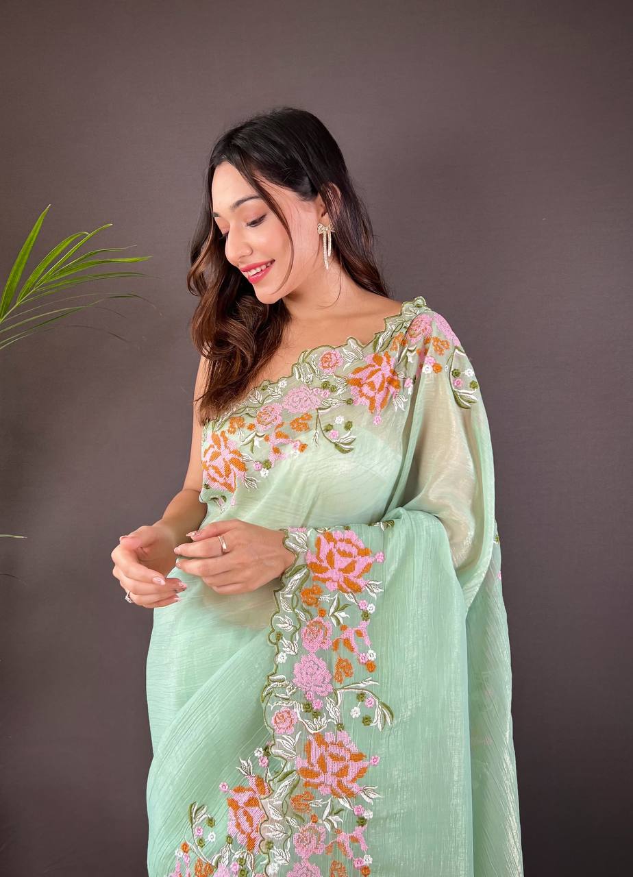 Teeya Creation Pista Color Soft Glossy Silk Heavy Embroidery Work Saree - Distacart