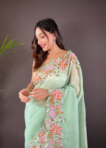 Thumbnail for Teeya Creation Pista Color Soft Glossy Silk Heavy Embroidery Work Saree - Distacart