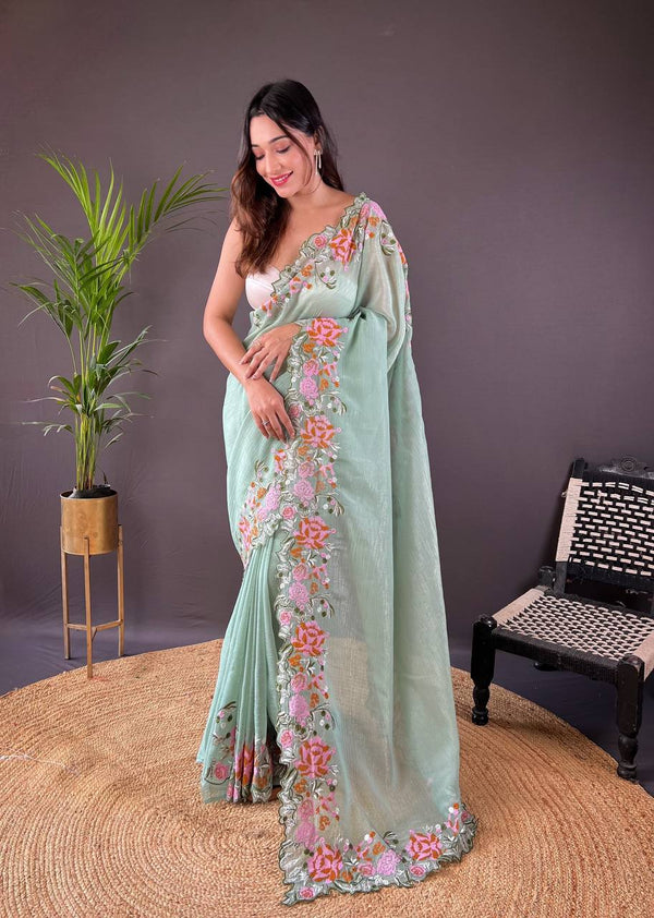 Teeya Creation Pista Color Soft Glossy Silk Heavy Embroidery Work Saree - Distacart