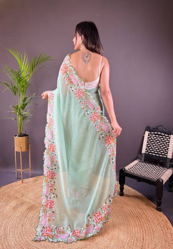 Teeya Creation Pista Color Soft Glossy Silk Heavy Embroidery Work Saree - Distacart