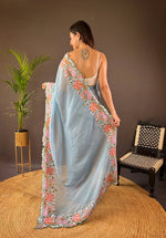 Thumbnail for Teeya Creation Sky Color Soft Glossy Silk Heavy Embroidery Work Saree - Distacart
