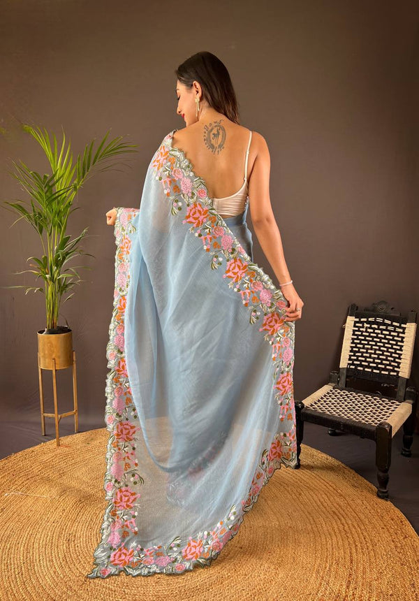 Teeya Creation Sky Color Soft Glossy Silk Heavy Embroidery Work Saree - Distacart