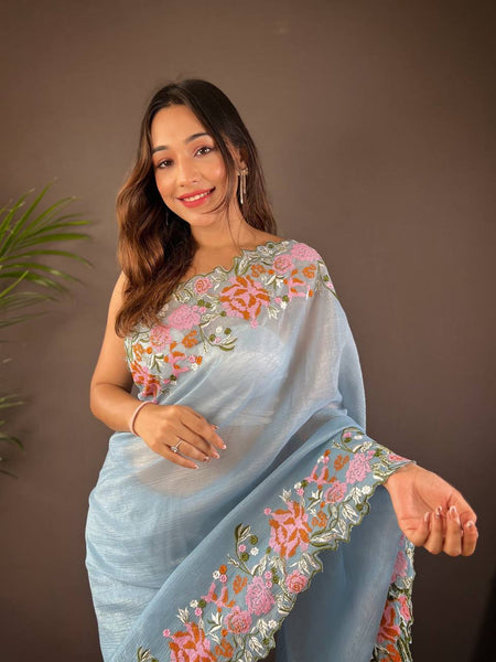 Teeya Creation Sky Color Soft Glossy Silk Heavy Embroidery Work Saree - Distacart