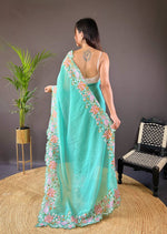 Thumbnail for Teeya Creation Turquoise Color Soft Glossy Silk Heavy Embroidery Work Saree - Distacart