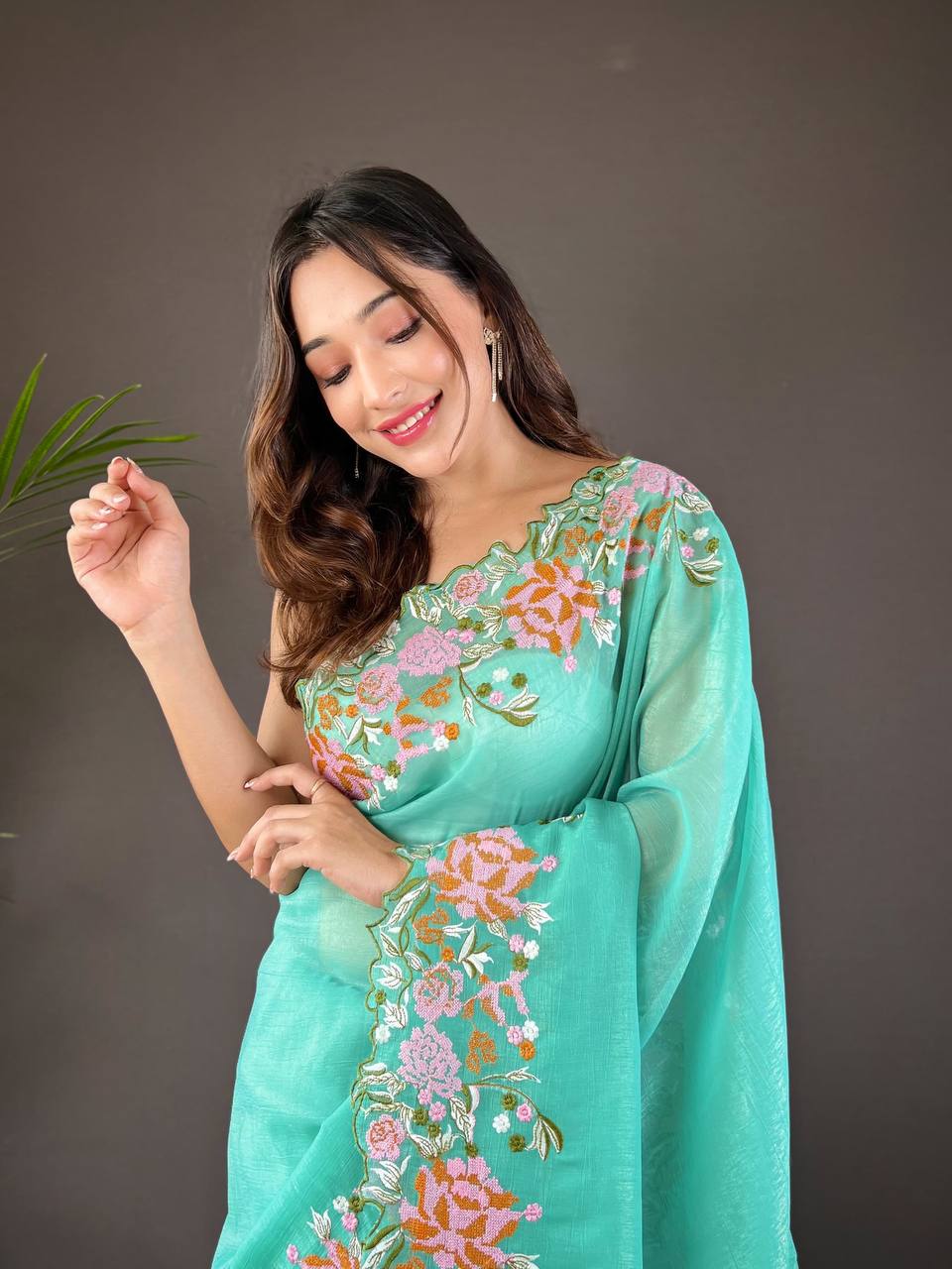 Teeya Creation Turquoise Color Soft Glossy Silk Heavy Embroidery Work Saree - Distacart