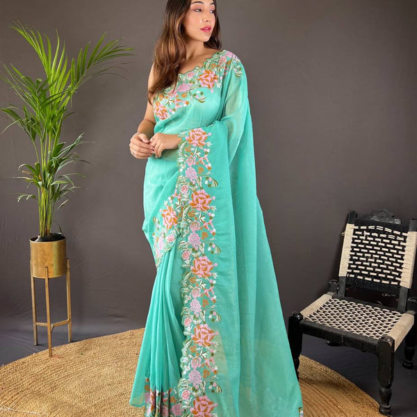 Teeya Creation Turquoise Color Soft Glossy Silk Heavy Embroidery Work Saree - Distacart