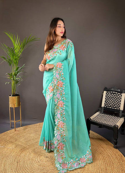 Teeya Creation Turquoise Color Soft Glossy Silk Heavy Embroidery Work Saree - Distacart