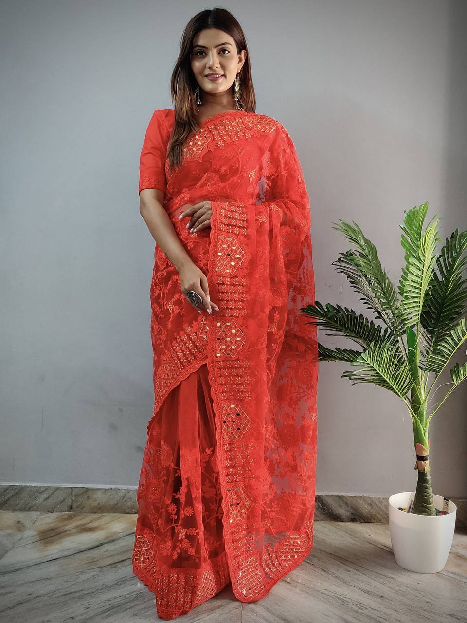 Teeya Creation Red Color Butterfly Work Embroidery Work Saree - Distacart