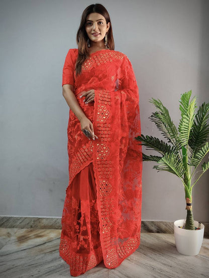 Teeya Creation Red Color Butterfly Work Embroidery Work Saree - Distacart
