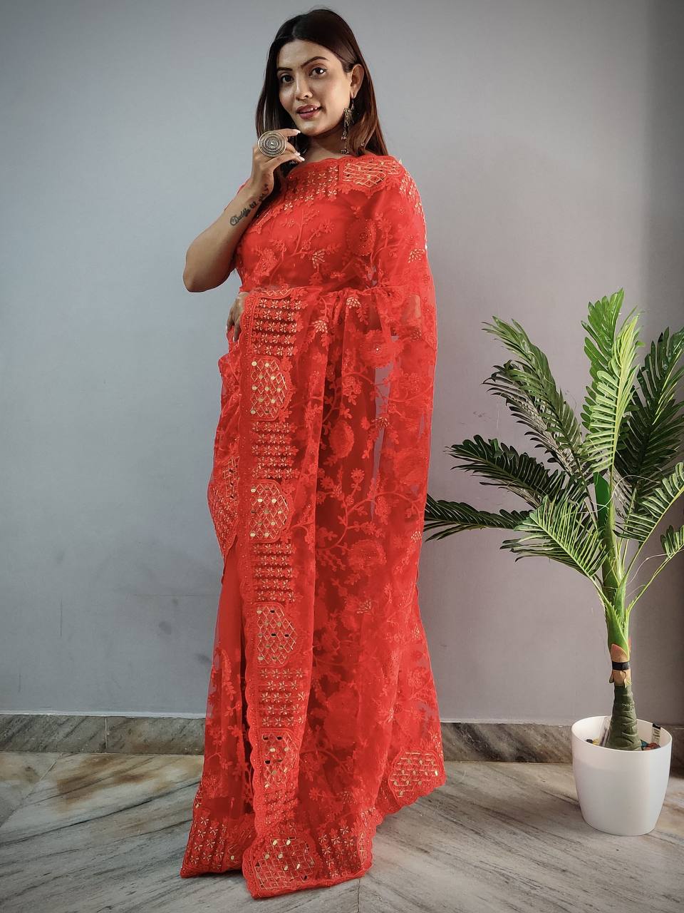 Teeya Creation Red Color Butterfly Work Embroidery Work Saree - Distacart