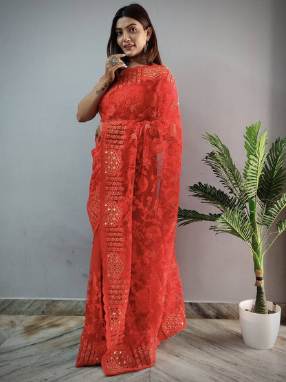 Teeya Creation Red Color Butterfly Work Embroidery Work Saree - Distacart