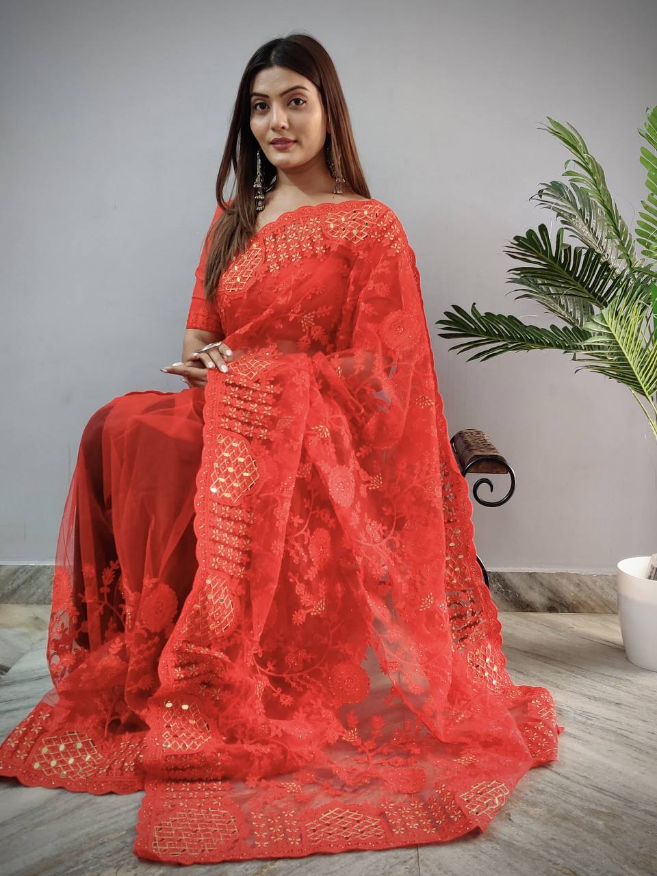 Teeya Creation Red Color Butterfly Work Embroidery Work Saree - Distacart