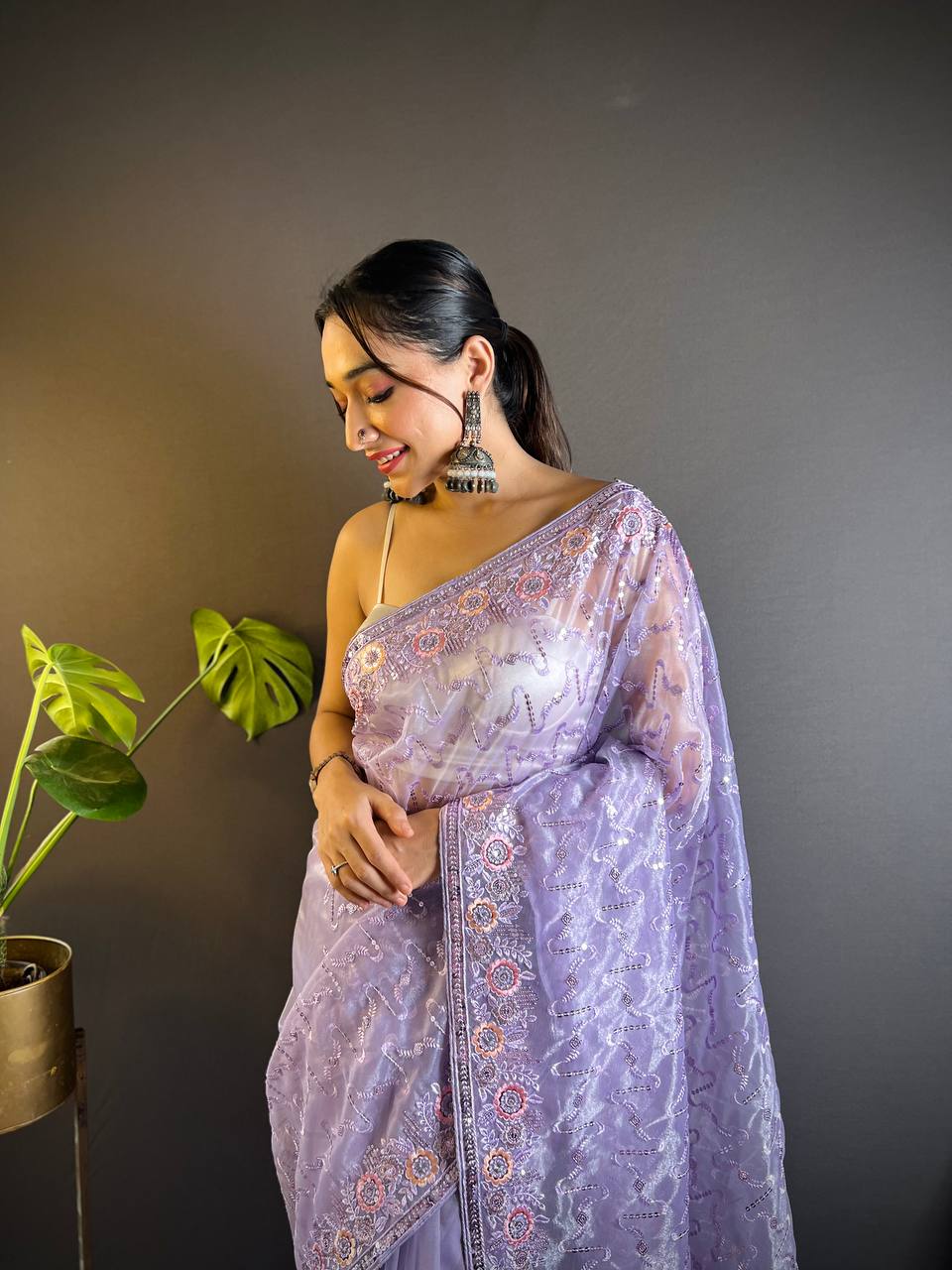 Teeya Creation Lavender Color Twill Net Heavy Work Saree - Distacart