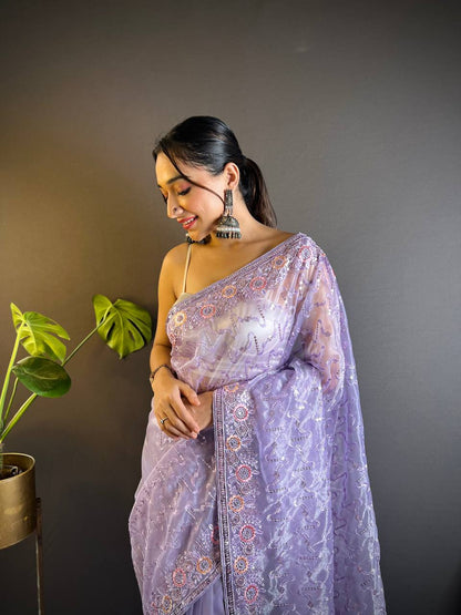 Teeya Creation Lavender Color Twill Net Heavy Work Saree - Distacart