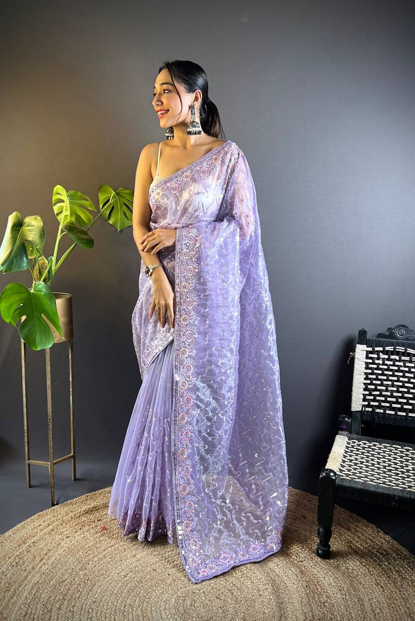 Teeya Creation Lavender Color Twill Net Heavy Work Saree - Distacart