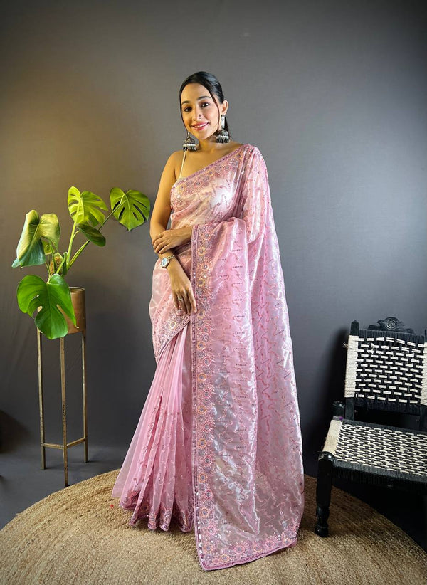 Teeya Creation Pink Color Twill Net Heavy Work Saree - Distacart