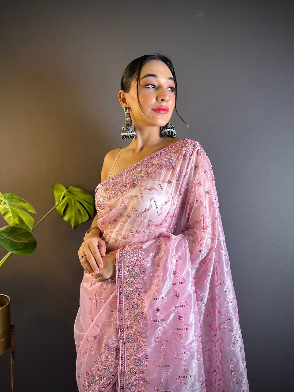 Teeya Creation Pink Color Twill Net Heavy Work Saree - Distacart