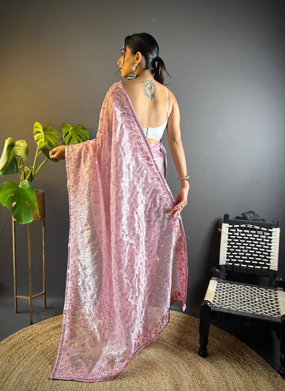 Teeya Creation Pink Color Twill Net Heavy Work Saree - Distacart