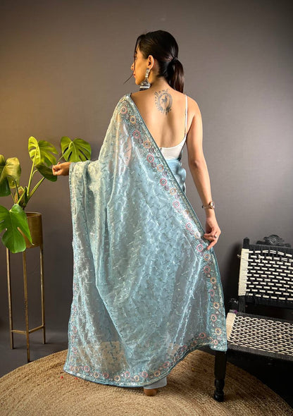 Teeya Creation Sky Color Twill Net Heavy Work Saree - Distacart