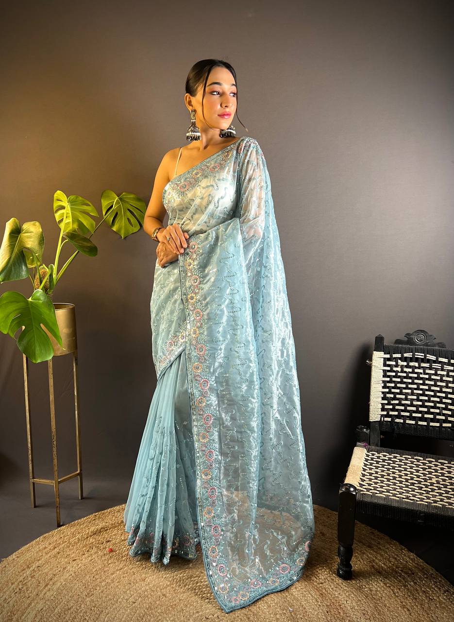 Teeya Creation Sky Color Twill Net Heavy Work Saree - Distacart