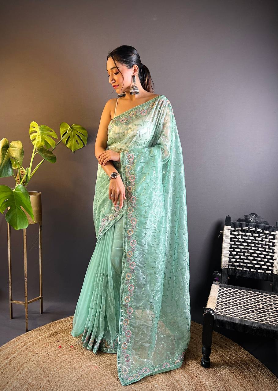 Teeya Creation Teal Color Twill Net Heavy Work Saree - Distacart