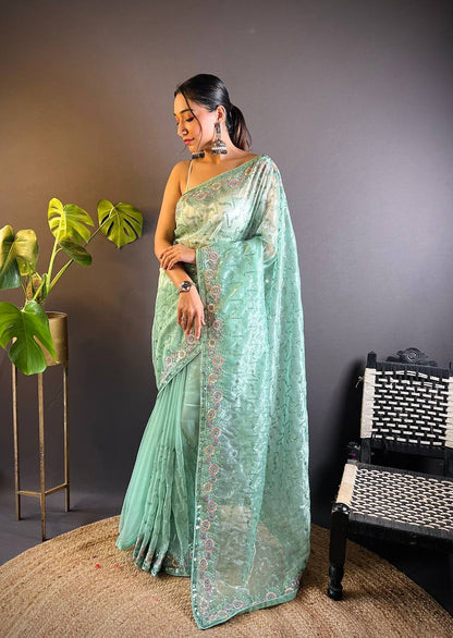 Teeya Creation Teal Color Twill Net Heavy Work Saree - Distacart