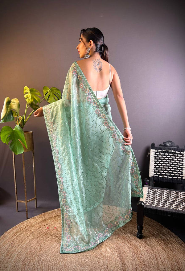 Teeya Creation Teal Color Twill Net Heavy Work Saree - Distacart