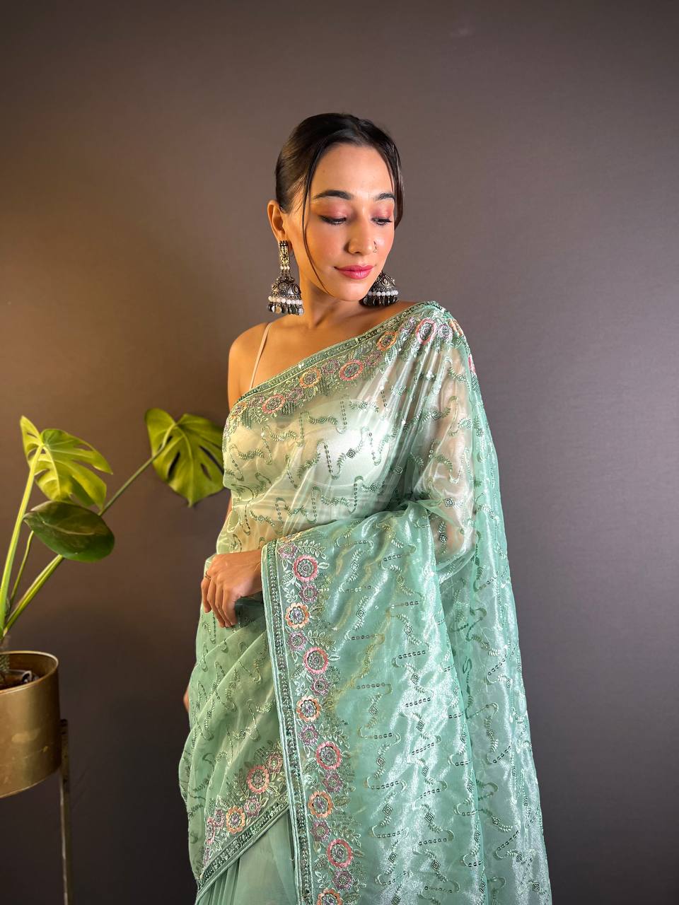 Teeya Creation Teal Color Twill Net Heavy Work Saree - Distacart