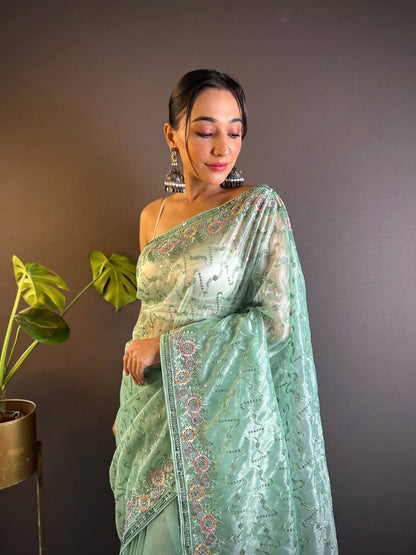 Teeya Creation Teal Color Twill Net Heavy Work Saree - Distacart