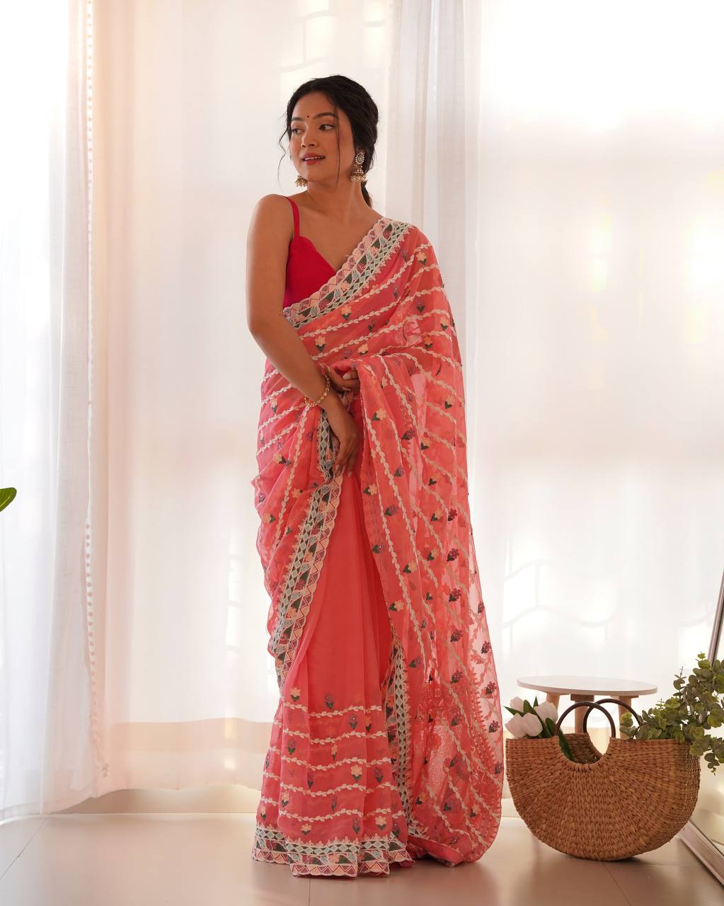 Teeya Creation Gajari Color Thai Organza Silk Embroidery Work Saree - Distacart