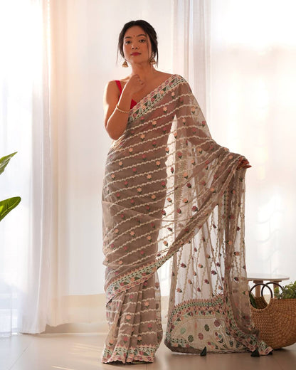 Teeya Creation Gajari Color Thai Organza Silk Embroidery Work Saree - Distacart